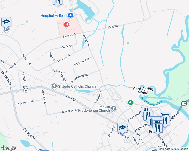 map of restaurants, bars, coffee shops, grocery stores, and more near 109 Homestead Road in Franklin
