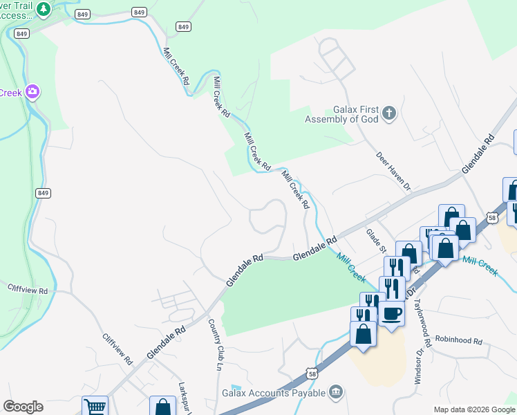 map of restaurants, bars, coffee shops, grocery stores, and more near Glenridge Road in Galax