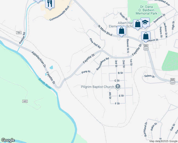 map of restaurants, bars, coffee shops, grocery stores, and more near 101 Pony Place in Martinsville