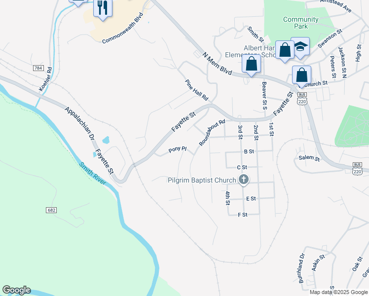 map of restaurants, bars, coffee shops, grocery stores, and more near 106 Pony Place in Martinsville