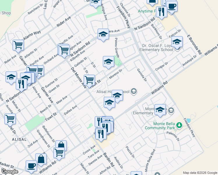 map of restaurants, bars, coffee shops, grocery stores, and more near 1214 Camarillo Court in Salinas