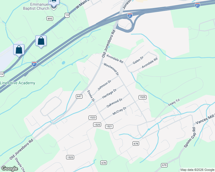 map of restaurants, bars, coffee shops, grocery stores, and more near 19488 Johnson Drive in Abingdon