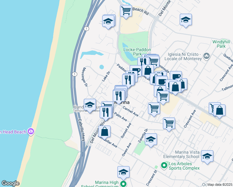 map of restaurants, bars, coffee shops, grocery stores, and more near 3119 Marina Drive in Marina