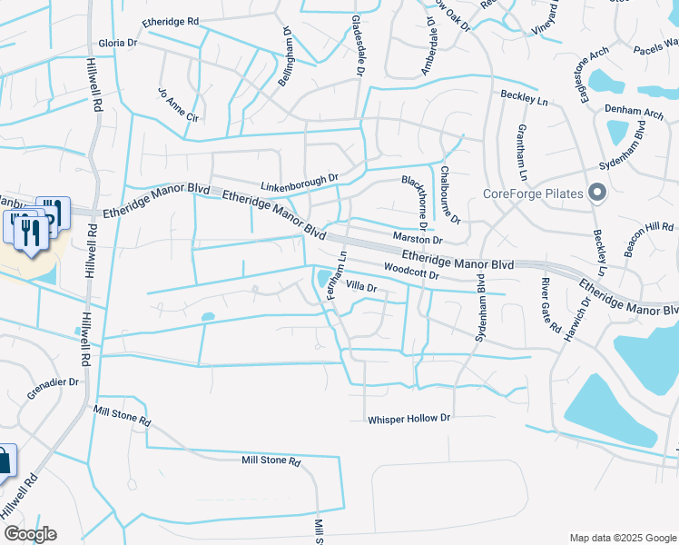 map of restaurants, bars, coffee shops, grocery stores, and more near 1204 Fernham Lane in Chesapeake