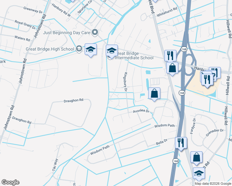 map of restaurants, bars, coffee shops, grocery stores, and more near 1201 Newtown Lane in Chesapeake