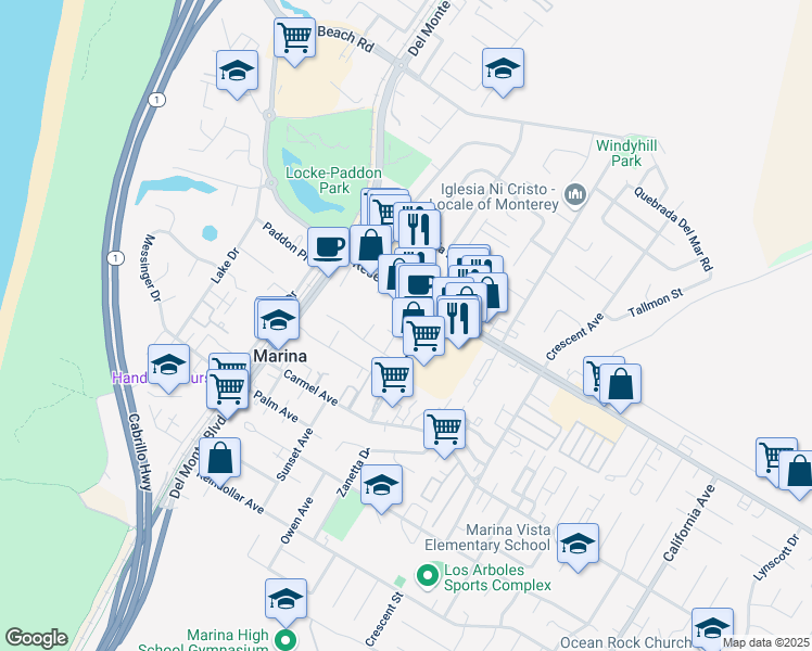 map of restaurants, bars, coffee shops, grocery stores, and more near 234 Reservation Road in Marina