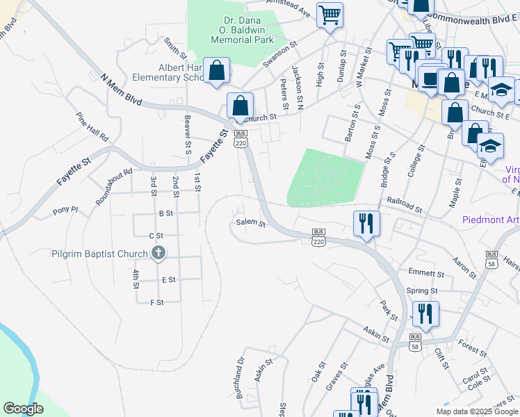 map of restaurants, bars, coffee shops, grocery stores, and more near 300 Manilla Street in Martinsville