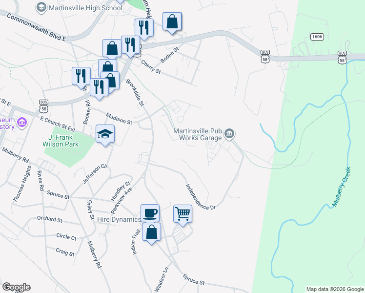 map of restaurants, bars, coffee shops, grocery stores, and more near 950 Fishel Street in Martinsville