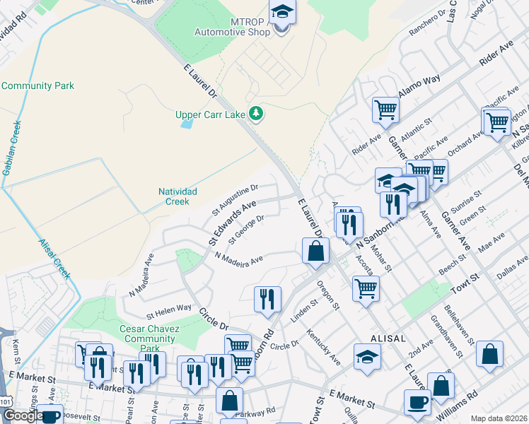 map of restaurants, bars, coffee shops, grocery stores, and more near 655 Saint George Drive in Salinas