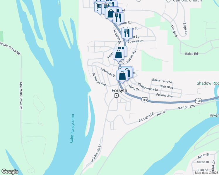 map of restaurants, bars, coffee shops, grocery stores, and more near 332 Atchison Avenue in Forsyth