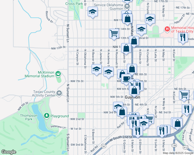 map of restaurants, bars, coffee shops, grocery stores, and more near 712 North James Street in Guymon