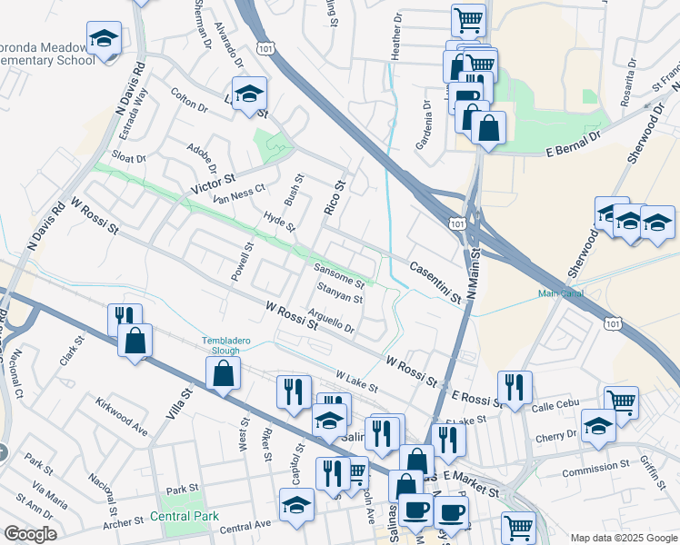 map of restaurants, bars, coffee shops, grocery stores, and more near 300 Sansome Street in Salinas