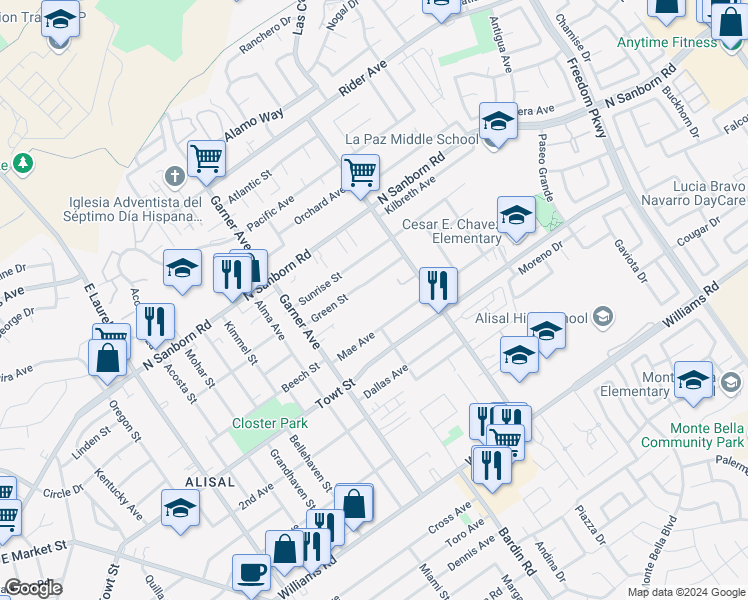 map of restaurants, bars, coffee shops, grocery stores, and more near 1103 Cortez Street in Salinas