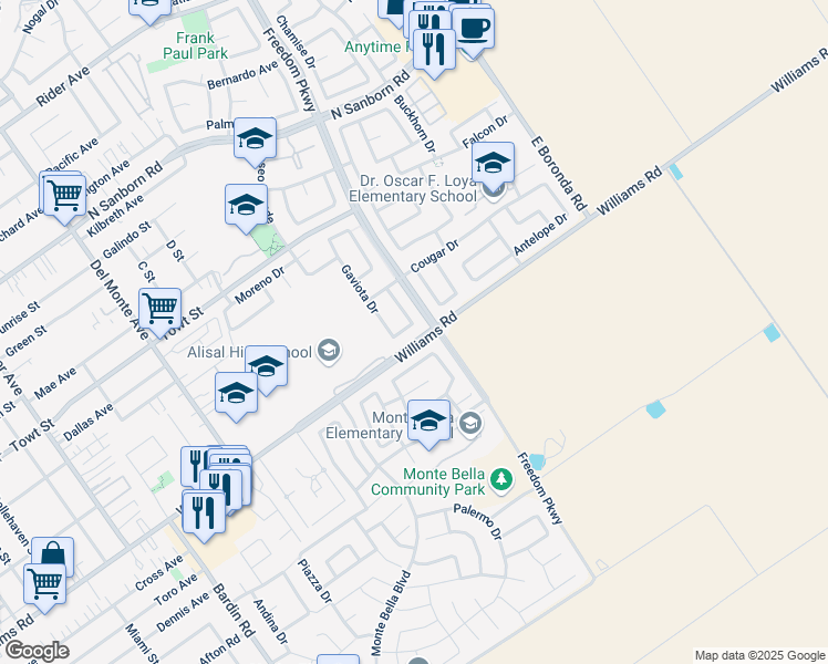 map of restaurants, bars, coffee shops, grocery stores, and more near 1475 Tecopa Way in Salinas