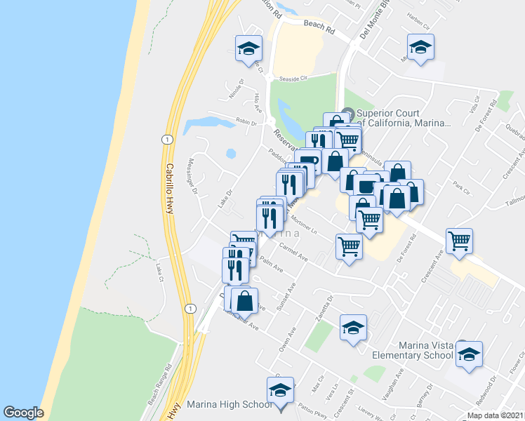 map of restaurants, bars, coffee shops, grocery stores, and more near 3119 Marina Drive in Marina