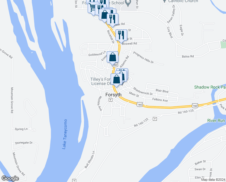 map of restaurants, bars, coffee shops, grocery stores, and more near 656 Rockhill Drive in Forsyth