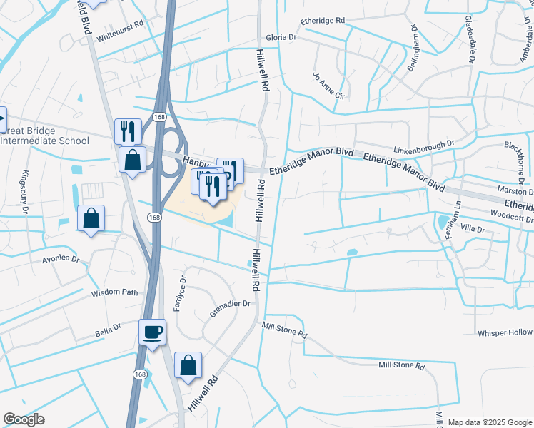map of restaurants, bars, coffee shops, grocery stores, and more near 1049 Hillwell Road in Chesapeake