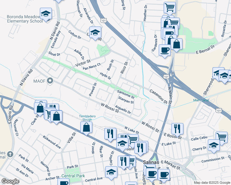 map of restaurants, bars, coffee shops, grocery stores, and more near 380 Rico St in Salinas