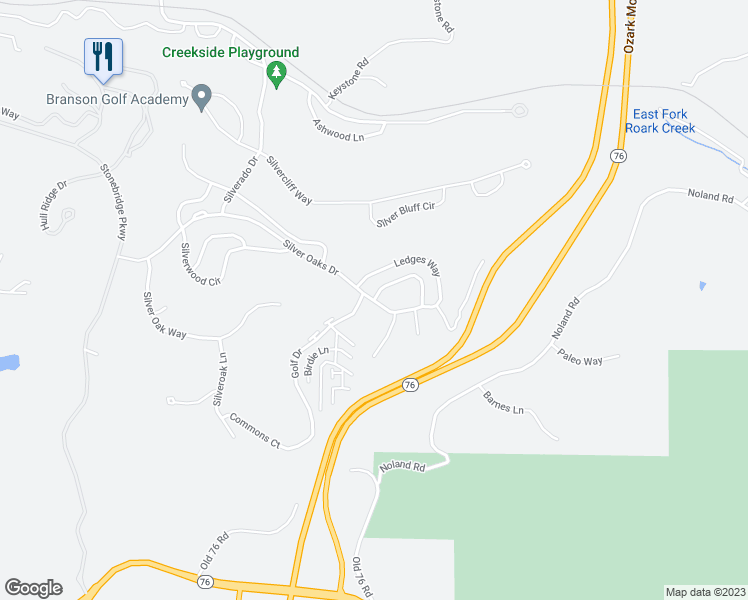 map of restaurants, bars, coffee shops, grocery stores, and more near Silver Oaks Drive in Reeds Spring