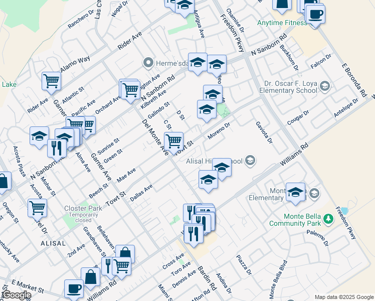 map of restaurants, bars, coffee shops, grocery stores, and more near 726 Towt Street in Salinas