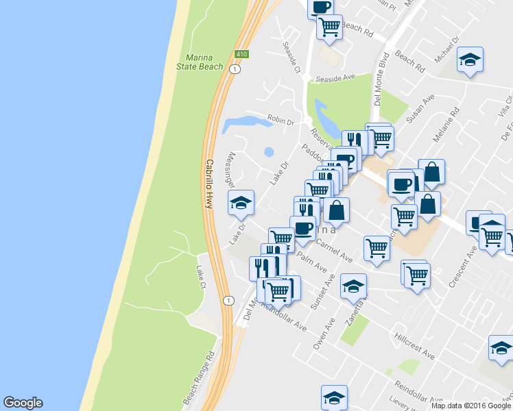 map of restaurants, bars, coffee shops, grocery stores, and more near 3094 Lake Drive in Marina