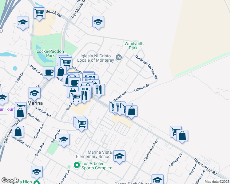 map of restaurants, bars, coffee shops, grocery stores, and more near 3160 Shuler Circle in Marina