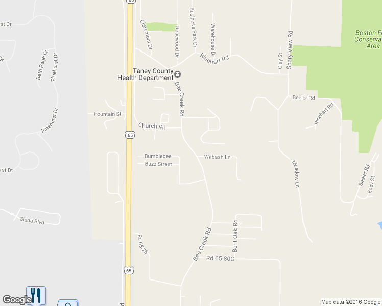 map of restaurants, bars, coffee shops, grocery stores, and more near 1571 Bee Creek Road in Branson