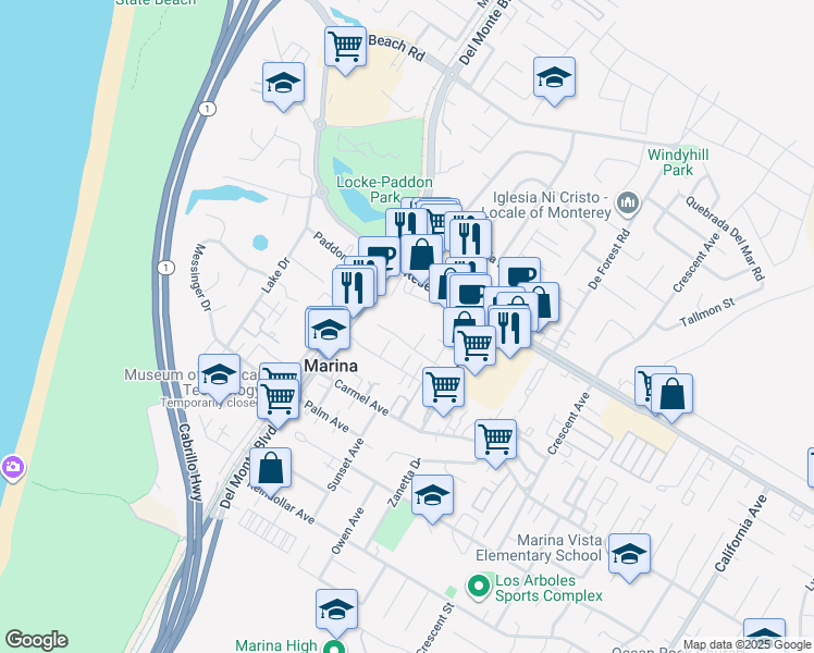 map of restaurants, bars, coffee shops, grocery stores, and more near 3135 Seacrest Avenue in Marina