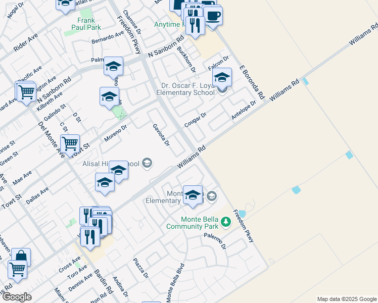 map of restaurants, bars, coffee shops, grocery stores, and more near 1475 Tecopa Way in Salinas