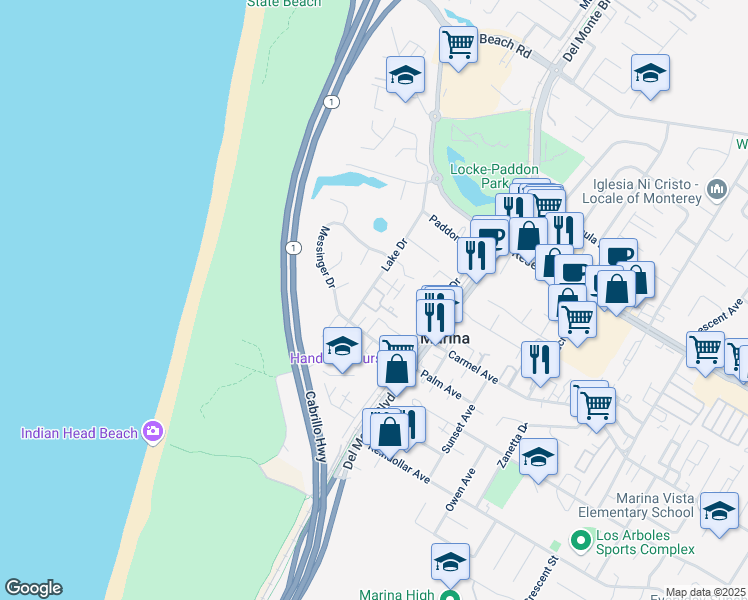 map of restaurants, bars, coffee shops, grocery stores, and more near 3094 Lake Drive in Marina