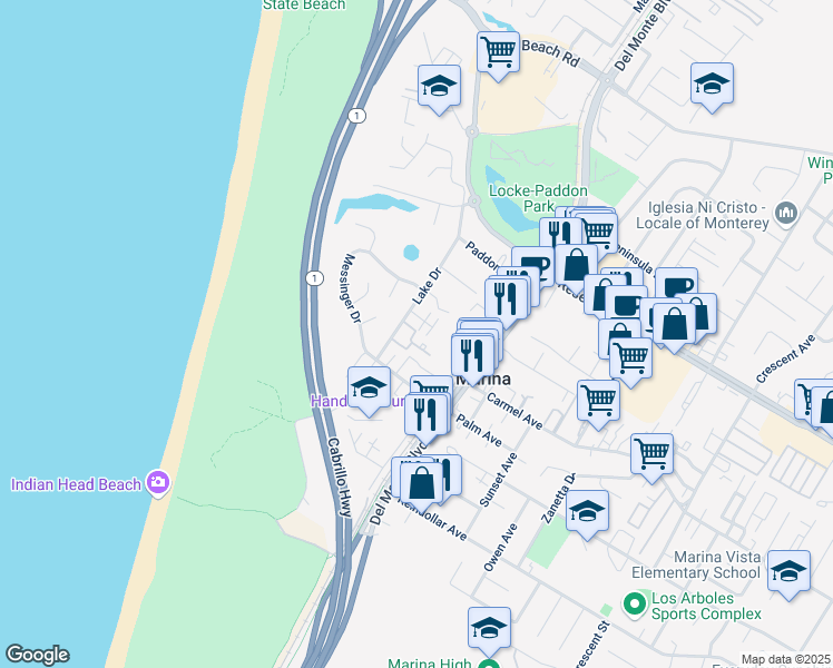 map of restaurants, bars, coffee shops, grocery stores, and more near 3108 Lake Drive in Marina