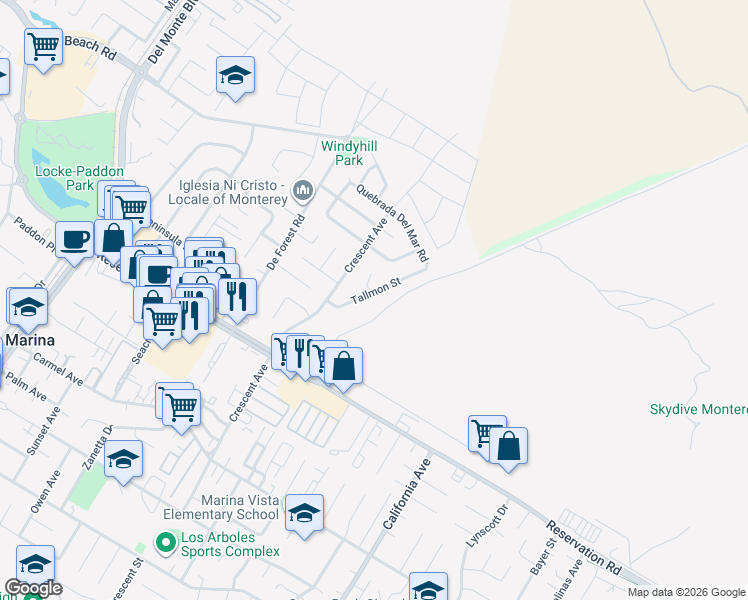 map of restaurants, bars, coffee shops, grocery stores, and more near 3202 Tallmon Street in Marina