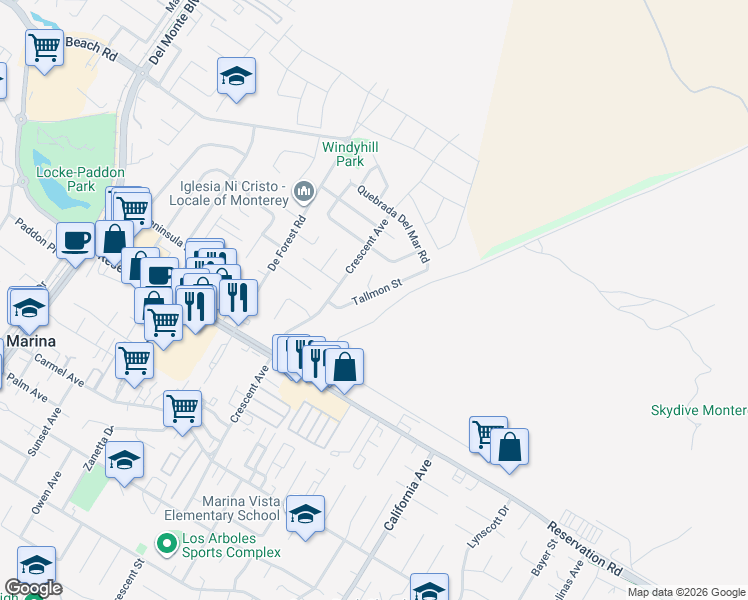 map of restaurants, bars, coffee shops, grocery stores, and more near 3202 Tallmon Street in Marina