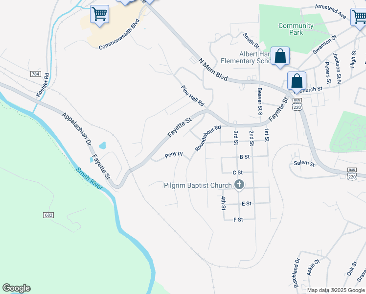 map of restaurants, bars, coffee shops, grocery stores, and more near 100-106 Pony Place in Martinsville