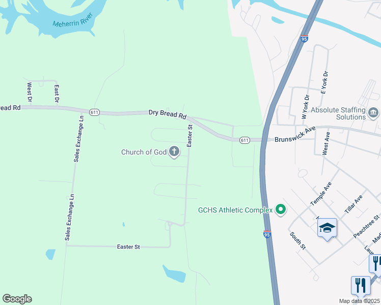 map of restaurants, bars, coffee shops, grocery stores, and more near 96 Easter Street in Emporia