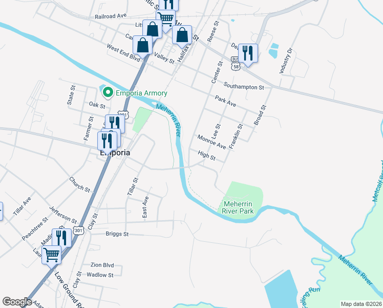 map of restaurants, bars, coffee shops, grocery stores, and more near 107-135 Center St in Emporia