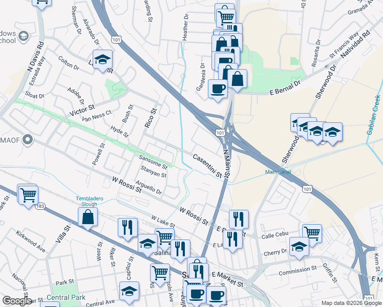 map of restaurants, bars, coffee shops, grocery stores, and more near 915 Larkin Street in Salinas