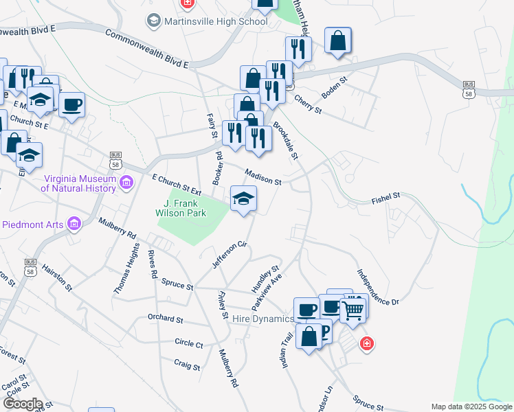 map of restaurants, bars, coffee shops, grocery stores, and more near 1807 East Church Street Extension in Martinsville