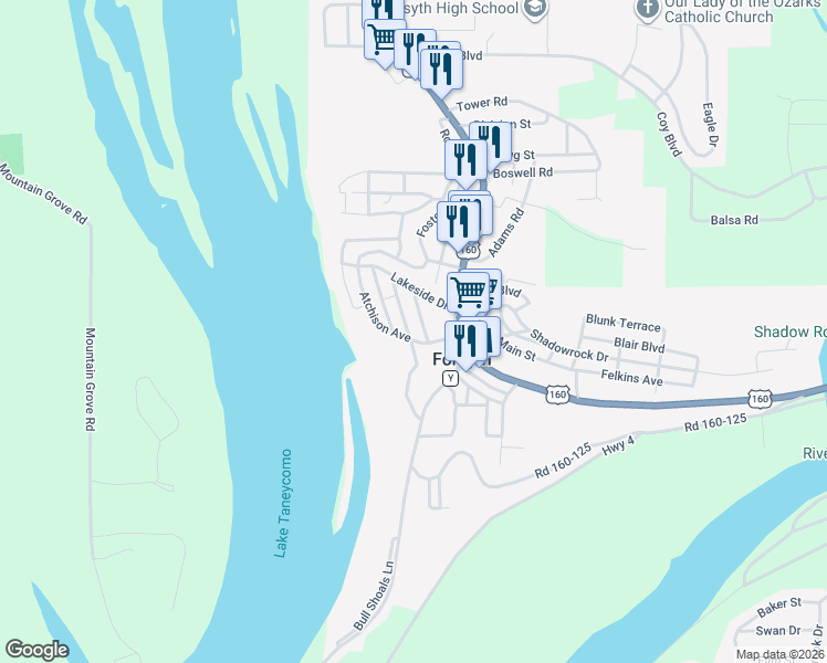 map of restaurants, bars, coffee shops, grocery stores, and more near 332-336 Atchinson Avenue in Forsyth