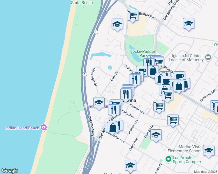 map of restaurants, bars, coffee shops, grocery stores, and more near 3094 Lake Drive in Marina