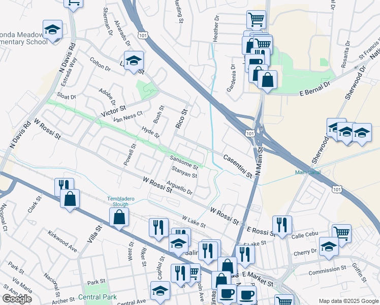 map of restaurants, bars, coffee shops, grocery stores, and more near 300 Sansome Street in Salinas