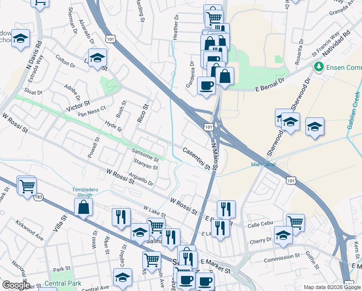 map of restaurants, bars, coffee shops, grocery stores, and more near 162 Casentini Street in Salinas