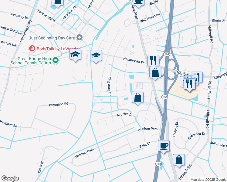 map of restaurants, bars, coffee shops, grocery stores, and more near 603 Middleton Way in Chesapeake