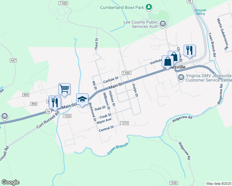 map of restaurants, bars, coffee shops, grocery stores, and more near Holmes Street in Jonesville