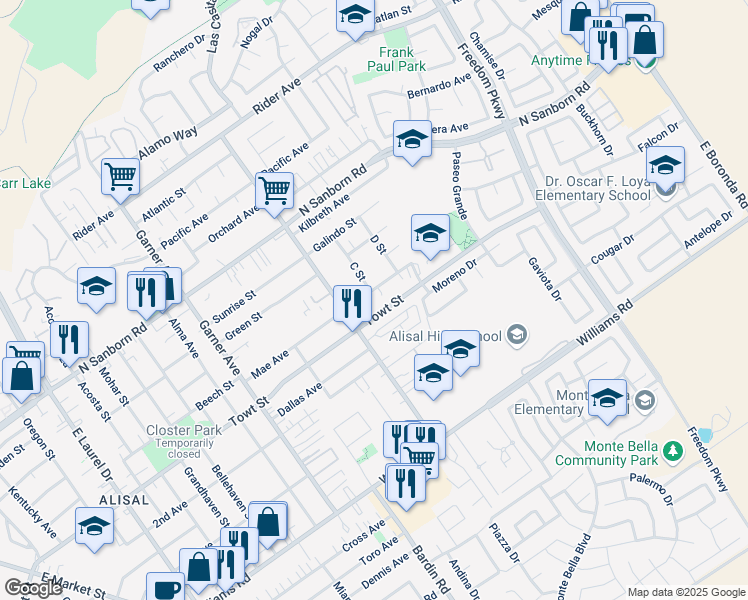 map of restaurants, bars, coffee shops, grocery stores, and more near 726 Towt Street in Salinas