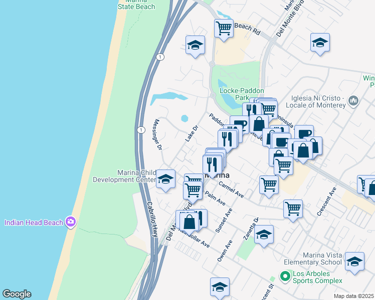 map of restaurants, bars, coffee shops, grocery stores, and more near 3094 Lake Drive in Marina