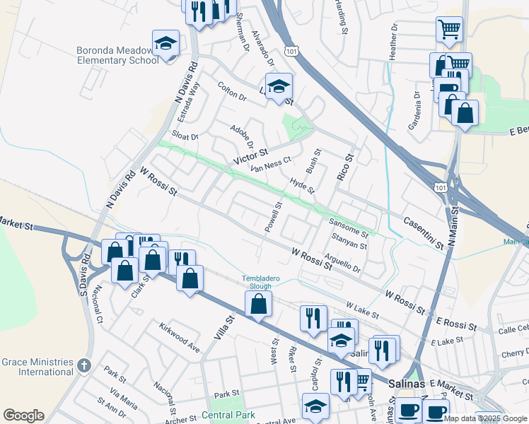 map of restaurants, bars, coffee shops, grocery stores, and more near 408 Fulton Way in Salinas