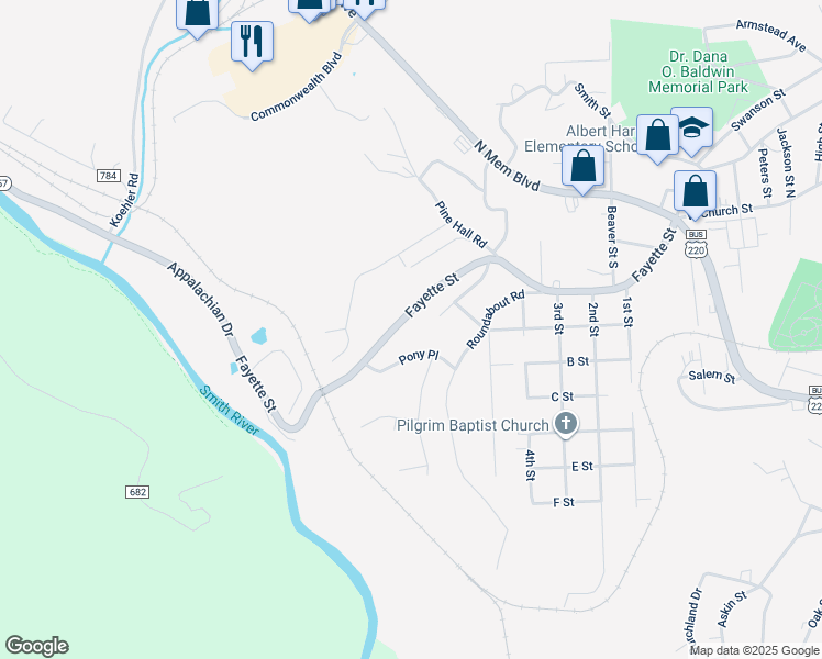 map of restaurants, bars, coffee shops, grocery stores, and more near 101-199 Pony Place in Martinsville