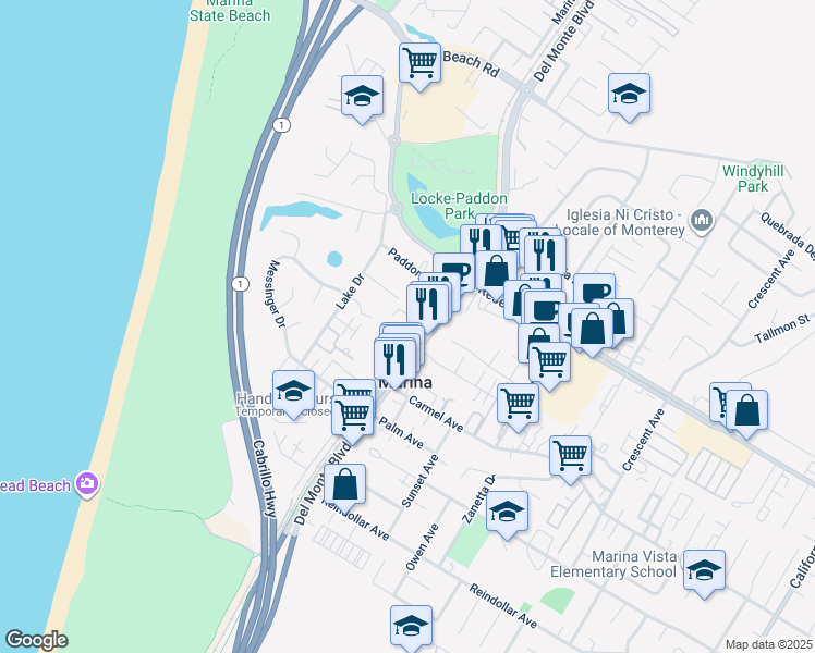 map of restaurants, bars, coffee shops, grocery stores, and more near 3135 Marina Drive in Marina