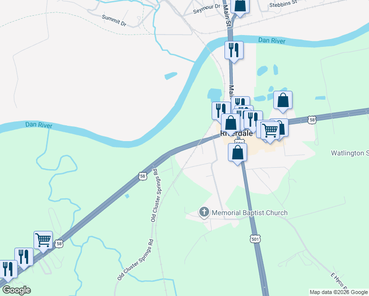 map of restaurants, bars, coffee shops, grocery stores, and more near Philpott Road in South Boston